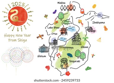 SHIGA Japan travel map with landmarks and symbols. Hand drawn vector illustration.