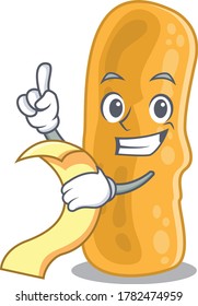 Shigella flexneri mascot character design with a menu on his hand