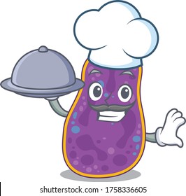 Shigella sp. bacteria chef cartoon character serving food on tray