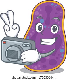 Shigella sp. bacteria mascot design as a professional photographer working with camera