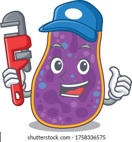Shigella sp. bacteria Smart Plumber cartoon character design with tool