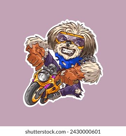 Shih tzu breed dog rides a motorbike. Sticker style. Hand drawn vector illustration. 