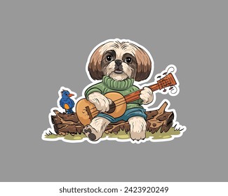 Shih tzu breed dog sits on a stump plays the guitar. Sticker style. Cute puppy portrait. Hand drawn vector illustration.  svg