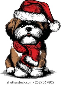 Shih Tzu breed in red hat of Santa Claus, Funny Christmas Dog, Dog Christmas Winter Holiday , Cute Christmas Dog