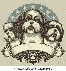 Shih Tzu Crest Design. Vector illustration of three purebred Shih Tzu dogs (front and profile view) sitting proudly over a grunge banner and floral design elements. svg