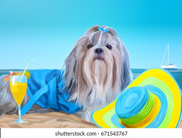 Shih tzu dog with hat and cold drink resting on tropical beach