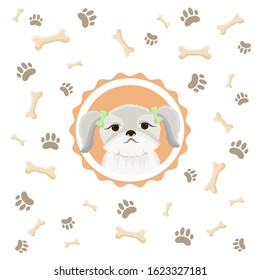 Shih Tzu Dog Illustration with bones and footprints. White background. Cartoon style. Cute dog vector design. Pets design. Kids design. Prints, greeting cards, textile art works. T-shirt design.