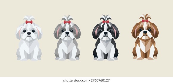 Shih Tzu Dog Low Poly Vector Set, Cute Cartoon Puppy Collection.
Shih Tzu Dog Collection Low Poly Style, Geometric Polygon Puppies, Front View.