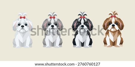 Shih Tzu Dog Low Poly Vector Set, Cute Cartoon Puppy Collection.
Shih Tzu Dog Collection Low Poly Style, Geometric Polygon Puppies, Front View.