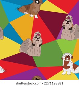 Shih Tzu dog on a mosaic geometric background. Funky, colorful vibe, rainbow colors palette. Simple, clean, modern texture. Geometric, polygon style. Summer seamless pattern with dogs.Triangles.