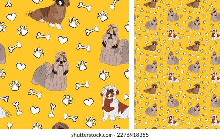 Shih Tzu dog on a playful yellow background with bones and paws. Funky, colorful vibe, vibrant palette. Simple, clean, modern texture. Summer seamless pattern with dogs. Birthday present.Cartoon paper