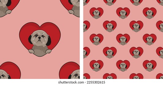 Shih Tzu dog with paws pattern, Valentine's day red heart wallpaper. Love heart with pet head holiday texture. Dog face Holding Heart Cartoon square background. St Valentine's day present paper.
