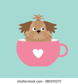 Shih Tzu dog sitting in pink cup with heart. Cute cartoon character. Flat design.  Blue background. Vector illustration