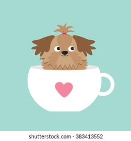 Shih Tzu dog sitting in pink cup with heart. Cute cartoon character. Flat design.  Blue background. Vector illustration