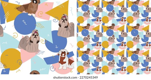 Shih Tzu dog summer pastel wallpaper. Holiday abstract circles, squares, spirals, confetti. seamless background, repeatable pattern. Birthday wallpaper, Christmas present, print tiles. Geometric style