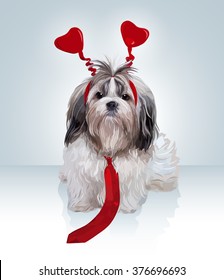 Shih tzu dog valentines day. Puppy with red hearts and tie.