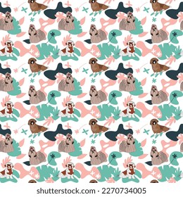 Shih Tzu dog wallpaper with leaves, palms, flowers, plants. Pastel green, pink, navy. Holiday abstract natural shapes. Seamless floral background with dogs, repeatable pattern. Birthday wallpaper. 