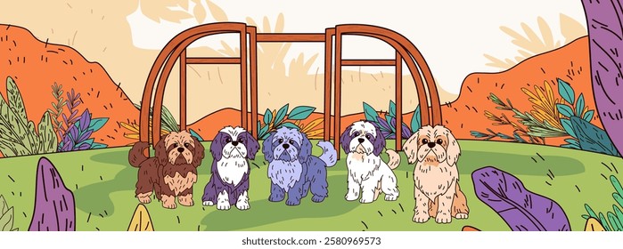 Shih Tzu dogs colorful landscape playground setting five cute dogs standing vibrant foliage hills playful scene cartoon style