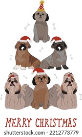 Shih Tzu dogs wearing winter hats. Cute funny dogs. Character design. Abstract Christmas tree. Vector illustration. Merry Christmas greeting card with the cute funny dog holiday poster.