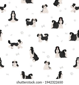 Shih Tzu poses, coat colors seamless pattern.  Vector illustration