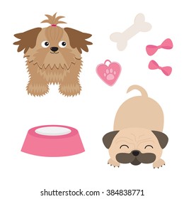Shih Tzu and pug mops dog set. Isolated. Flat design. Vector illustration