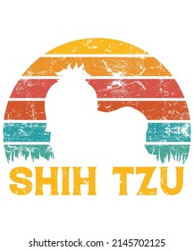 Shih Tzu Retro Vintage Sunset T-shirt Design template, Shih Tzu on Board, Car Window Sticker, POD, cover, Isolated white background, White Dog Silhouette Gift for Shih Tzu Lover