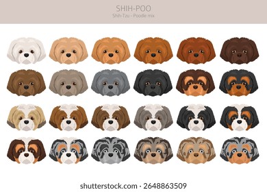 Shih-Poo clipart. Shih-Tzu  Poodle mix. Different coat colors set.  Vector illustration