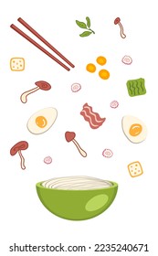 Shiitake asian ramen soup ingredients falling into a bowl of noodles. Perfect for tee, stickers, menu and stationery. Vector illustration for decor and design.



