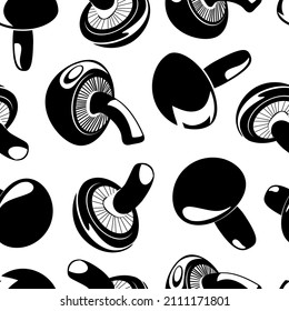 Shiitake. Mushroom. Black and white vector. Seamless pattern.