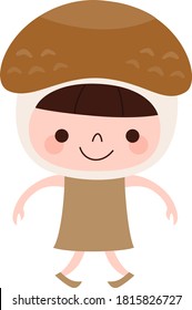 Shiitake mushroom character. An illustration of a child wearing a vegetable shiitake mushroom and dancing happily.