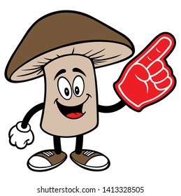 Shiitake Mushroom with a Foam Hand - A cartoon illustration of a Shiitake Mushroom Mascot.