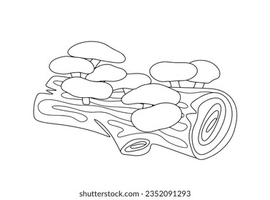 Shiitake Mushroom growing on a piece of wood. An exotic treat. European Mushroom Day. One line drawing for different uses. Vector illustration.