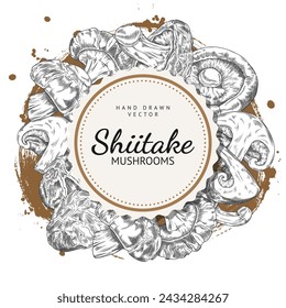 Shiitake mushrooms harvest heap engraved hand drawn vector round label design. Natural organic vegetarian food. Asian raw forest fungus or fungi. Pile of mushrooms on watercolor stain