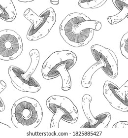 Shiitake mushrooms seamless pattern. Mushrooms repeat pattern. Black and white background vector illustration. For surface design, poster, background, web design