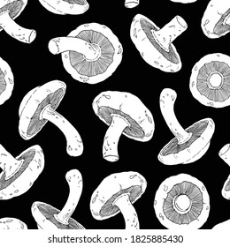 Shiitake mushrooms seamless pattern. Mushrooms repeat pattern. Black and white background vector illustration. For surface design, poster, background, web design