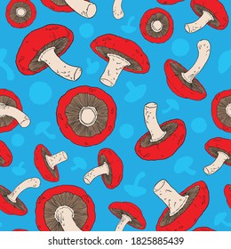 Shiitake mushrooms seamless pattern. Mushrooms repeat pattern. Psychedelic background vector illustration. For surface design, poster, background, web design