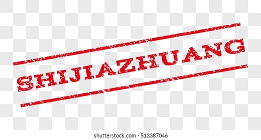 Shijiazhuang watermark stamp. Text tag between parallel lines with grunge design style. Rubber seal stamp with dust texture. Vector red color ink imprint on a chess transparent background.