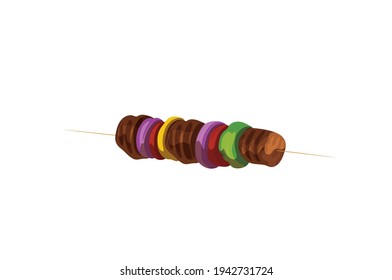 Shikh kebab or kabab with mushrooms, paneer, cherry tomato and sweet pepper, Grilled meat skewers Vector illustration isolated on white background