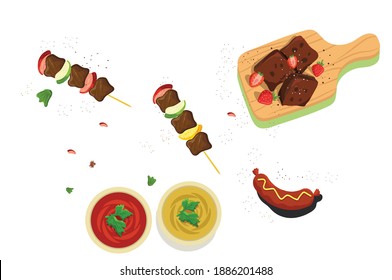 Shikh kebab with mushrooms, cherry tomato and sweet pepper, Grilled meat skewers vector Illustration on white Background