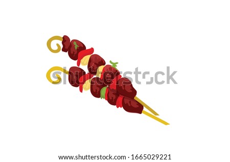 Shikh kebab with mushrooms, cherry tomato and sweet pepper, Grilled meat skewers. vector illustration isolated on white background