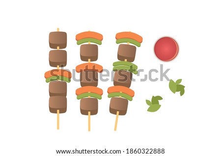 Shikh kebab with mushrooms, cherry tomato and sweet pepper, Grilled meat skewers vector illustration isolated on white background