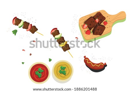 Shikh kebab with mushrooms, cherry tomato and sweet pepper, Grilled meat skewers vector Illustration on white Background