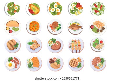 Shikh kebab, Paneer , grilled vegetables, salad, snacks , egg, fish, chicken vector illustration isolated on white background