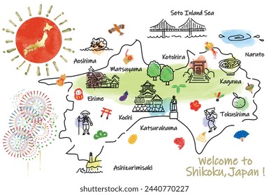 SHIKOKU Japan travel map with landmarks and attractions. Hand drawn vector illustration.