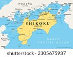 Shikoku, political map. Region and smallest of the four main islands of Japan, northeast of Kyushu, and south of Honshu, separated by the Seto Inland Sea. Shikoku region consists of four prefectures.