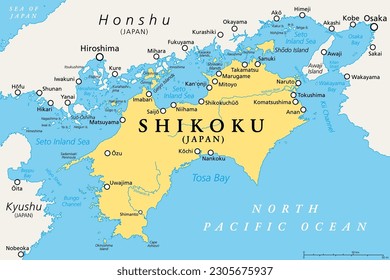 Shikoku, political map. Region and smallest of the four main islands of Japan, northeast of Kyushu, and south of Honshu, separated by the Seto Inland Sea. Shikoku region consists of four prefectures.