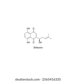 Shikonin skeletal structure diagram.Naphthoquinone compound molecule scientific illustration.