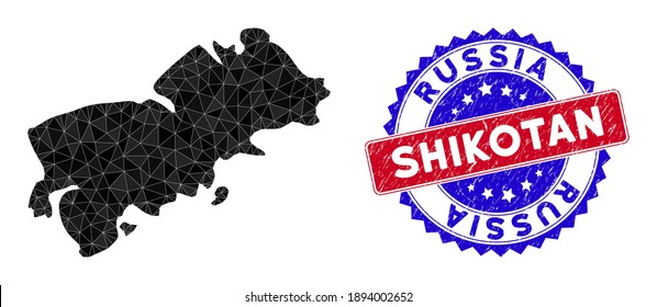 Shikotan Island map polygonal mesh with filled triangles, and textured bicolor stamp imitation. Triangle mosaic Shikotan Island map with mesh vector model, triangles have randomized sizes,