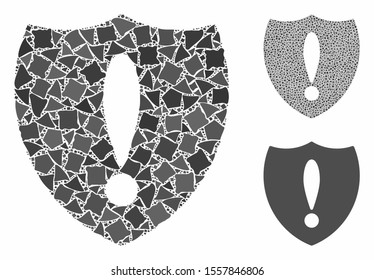 Shiled problem mosaic of uneven pieces in various sizes and color hues, based on shiled problem icon. Vector uneven parts are grouped into mosaic. Shiled problem icons collage with dotted pattern.