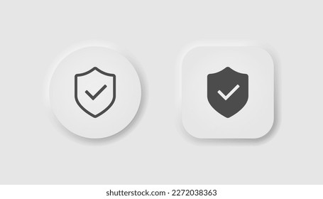 Shiled with tick icon in neumorphism style. Icons for business, white user interface. UI, UX. Protect symbol. Safety, check mark, defence, privacy. Neomorphic style.